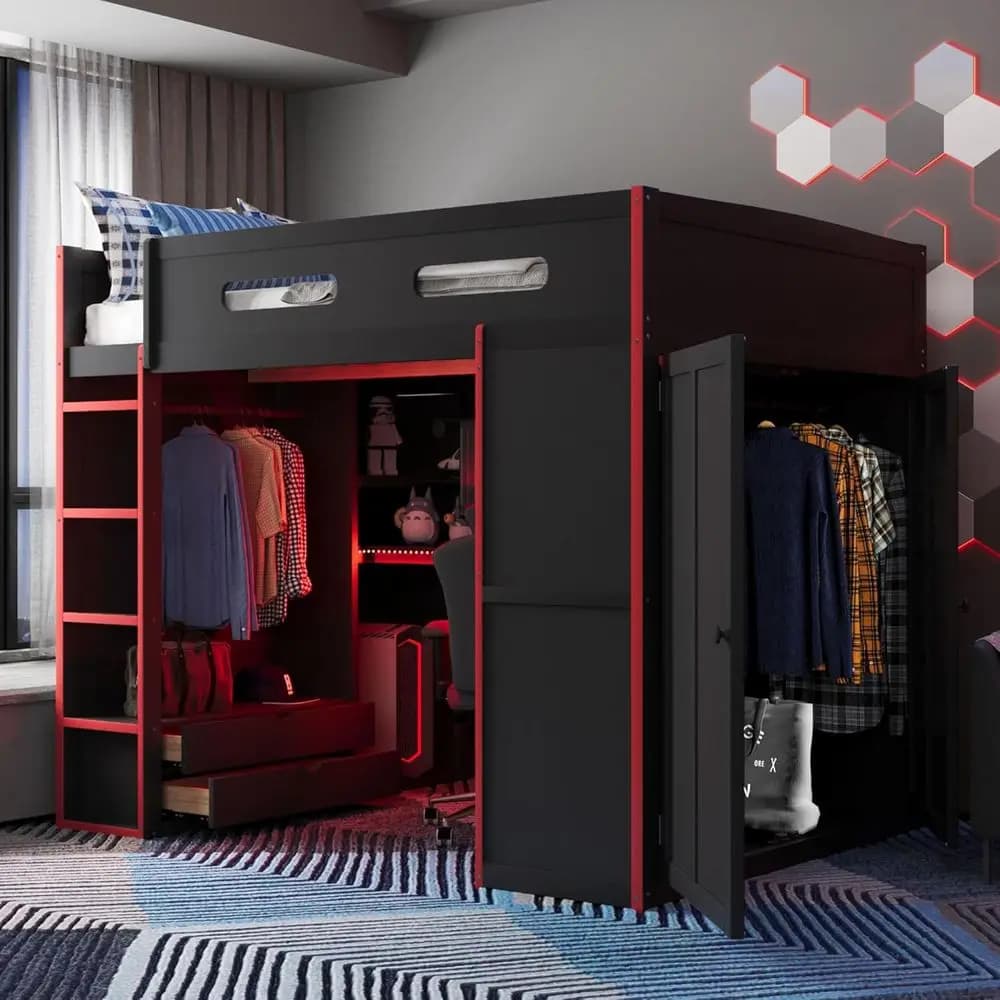 Letto da Gaming con Scrivania Integrata, Luci RGB, USB e Spazio di Archiviazione, Adatto per Armadi, Scrivanie o per Bambini, Adolescenti, Adulti (Rosso)