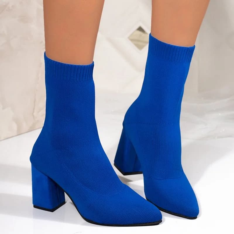 Thick High Heels Blue Stretch Knit Sock Boots Women Autumn Fashion Pointed Toe Ankle Boots Woman Plus Size Breathable Dress Shoe