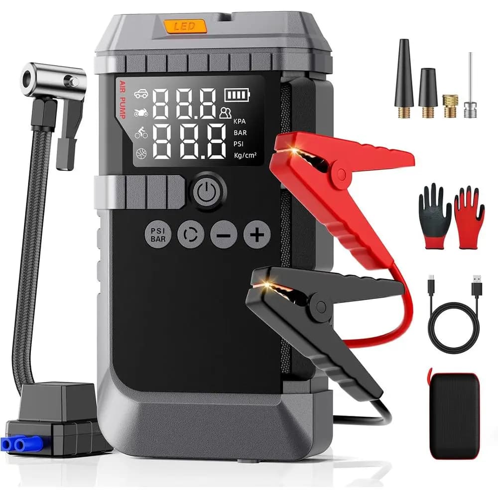 Avviatore di Emergenza Portatile 12V con Compressore d'Aria, Gonfiatore Pneumatici 160PSI, Display LED per Motori a Benzina e Diesel, Luce LED, Cavi di Avviamento