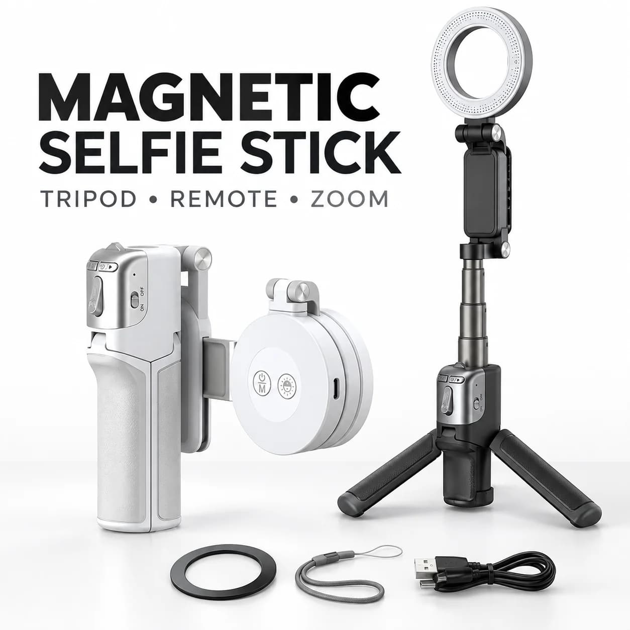 Portable Phone Tripod Selfie Stick With Magnetic Mount Detachable Bluetooth Zoom Remote Hand Grip For Travel Vlog Recording