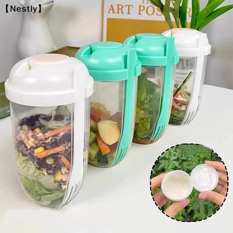 Breakfast Oatmeal Cereal Nut Yogurt Salad Cup Container Set With Fork Sauce Cup Lid Bento Food Bowl Kitchen Lunch Box〔Nest〕