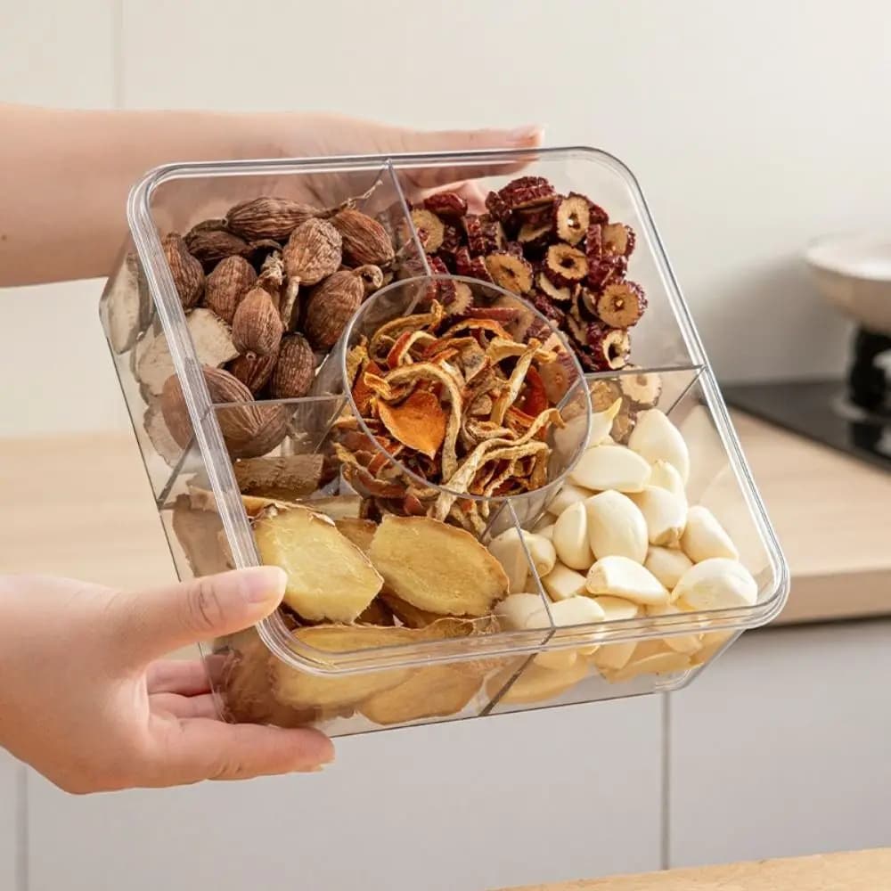 Contenitore in Plastica con Scomparti, Scatola Sigillata per Conservazione Spezie con Coperchio e Manico, Contenitore Antipolvere per Frutta Secca per Casa