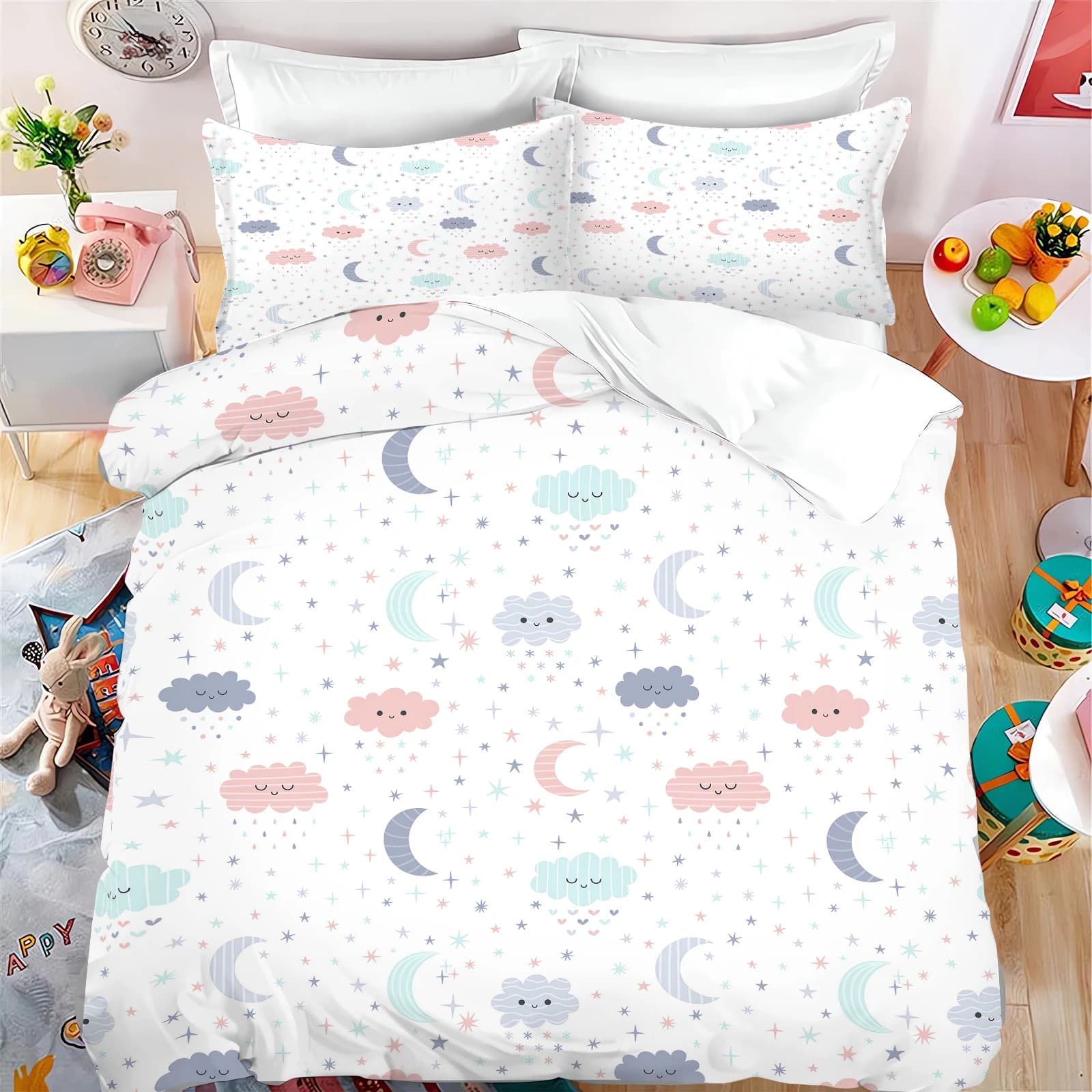 Copripiumino per Bambini con Motivo Arcobaleno e Fiocco, Set da Letto in Poliestere Morbido e Traspirante con Stampa Animata