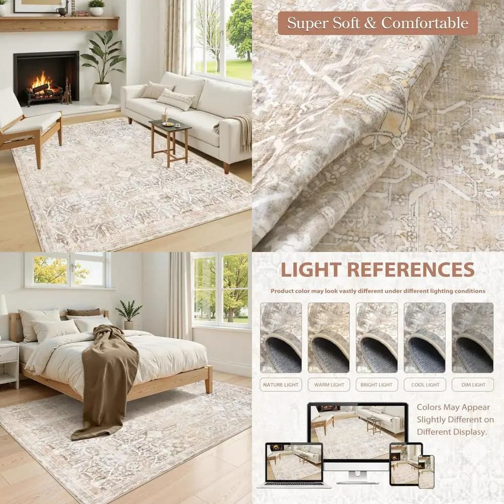 Tappeto Lavabile Beige 5x7 per Soggiorno, Camera da Letto, Ufficio e Sala da Pranzo - Antiscivolo, a Pelo Corto, Tappeto Decorativo Neutro