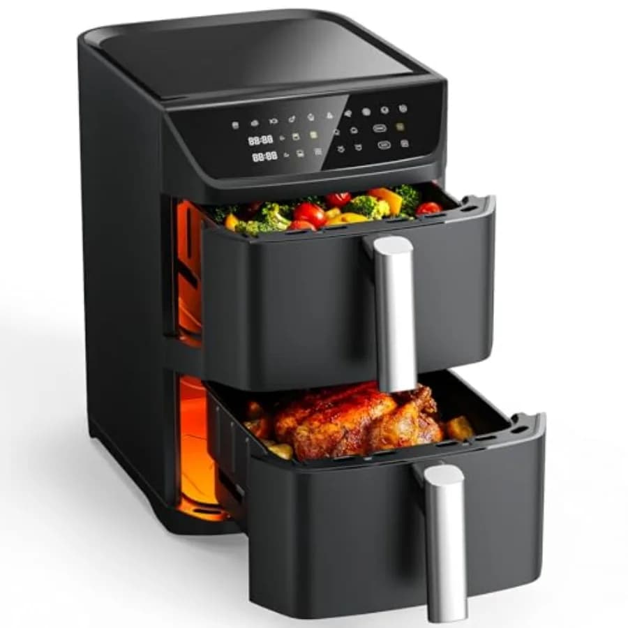 12.6QT Double Basket Air Fryer Family Size for 10-12 Persons, XL Basket for Full Chicken 6LB, Design Compact Double Layer, 10-in-1 Fu