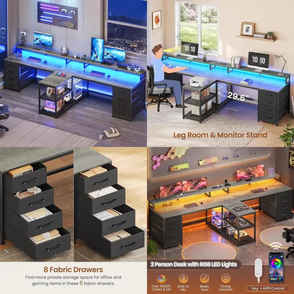 Ergonomic 2-Person Gaming Desk with 8 Drawers, LED Lighting, Storage, and Monitor Stand for Home Office