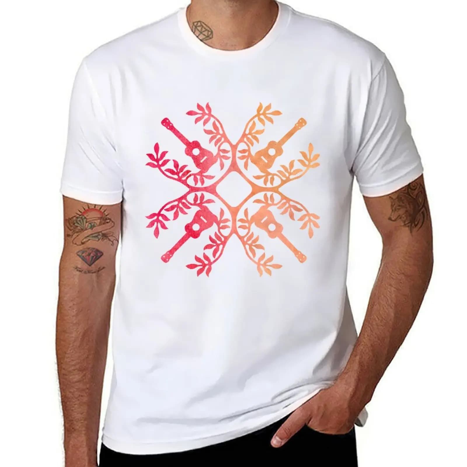 Hawaii Mele Musica Trapunta Tribal Tattoo Ukulele maglietta T-shirt magliette grafiche da uomo magliette per uomo T-shirt in cotone