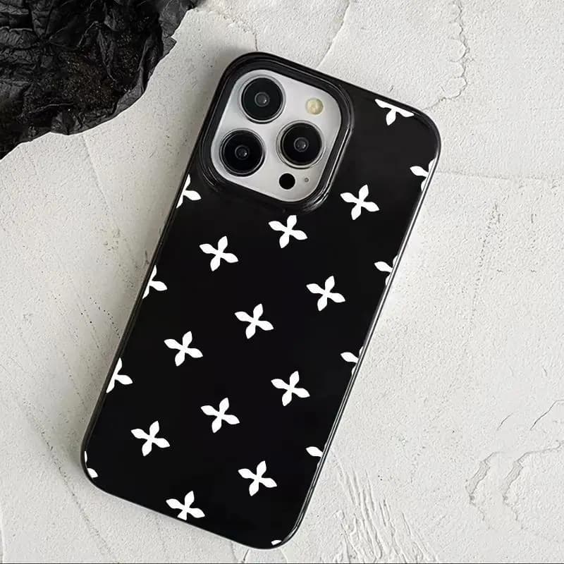 Cover per iPhone 17 AIR 16 15 14 13 12 11 PRO MAX MINI 7 8 PLUS con motivo floreale a forma di diamante bianco e nero