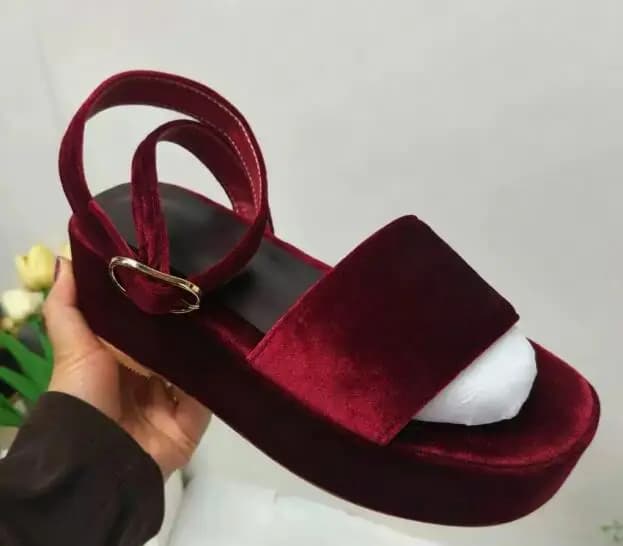 Burgundy Velvet Round Open Toe Thick Sole Ankle Strap Wedges Sandals Women Fashion Thick Sole High Heel Beach Sandals Shoes