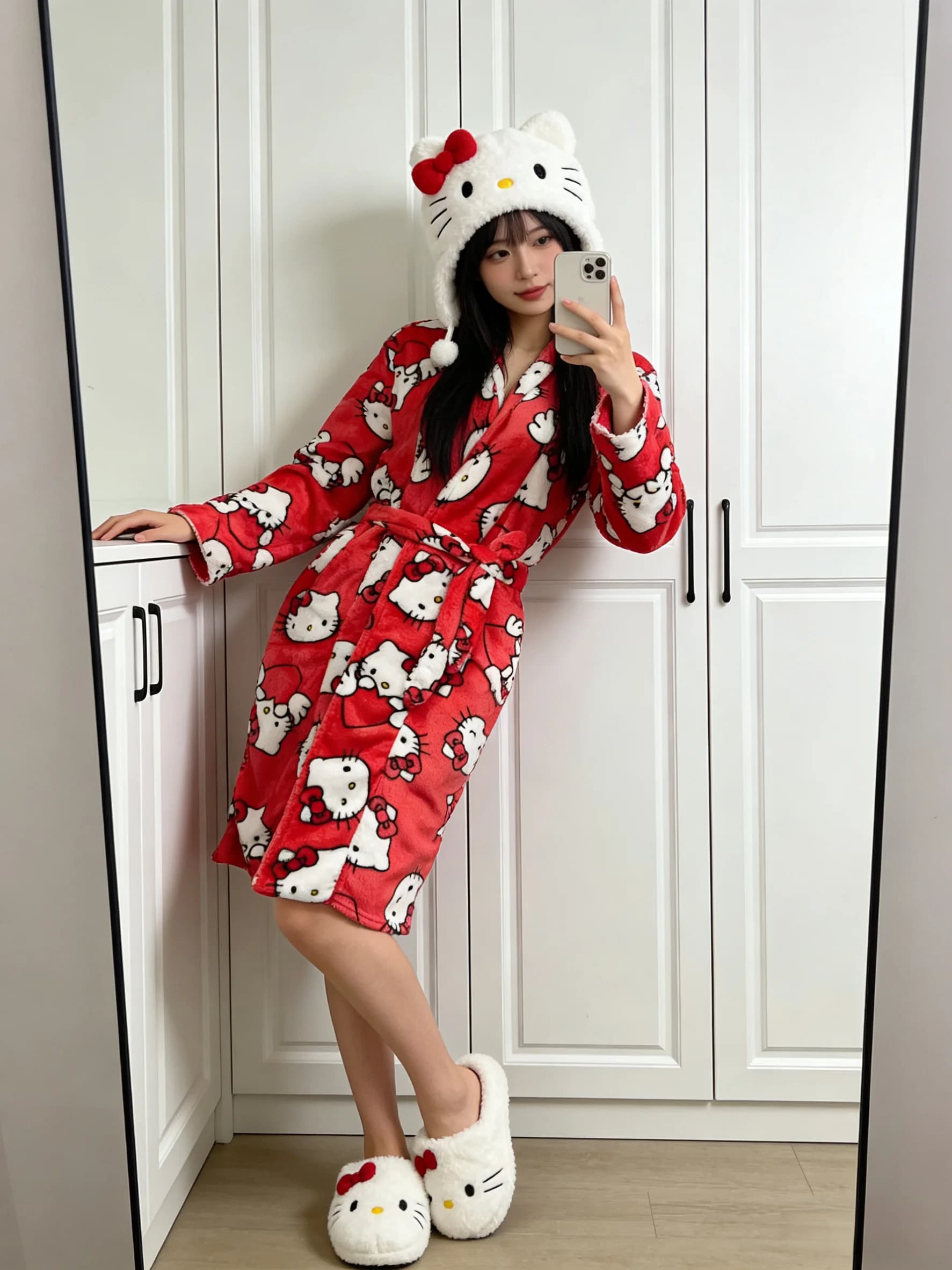 Red Flannel Bathrobe Hello Kitty, cute cartoon anime Y2K, creative gift, outfit for best friend, themed party outfit