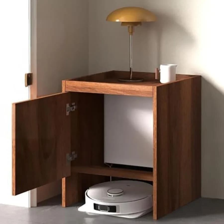 Mobiletto porta robot aspirapolvere con ante e cassetti, mobiletto da bagno in legno, tavolino laterale per robot aspirapolvere