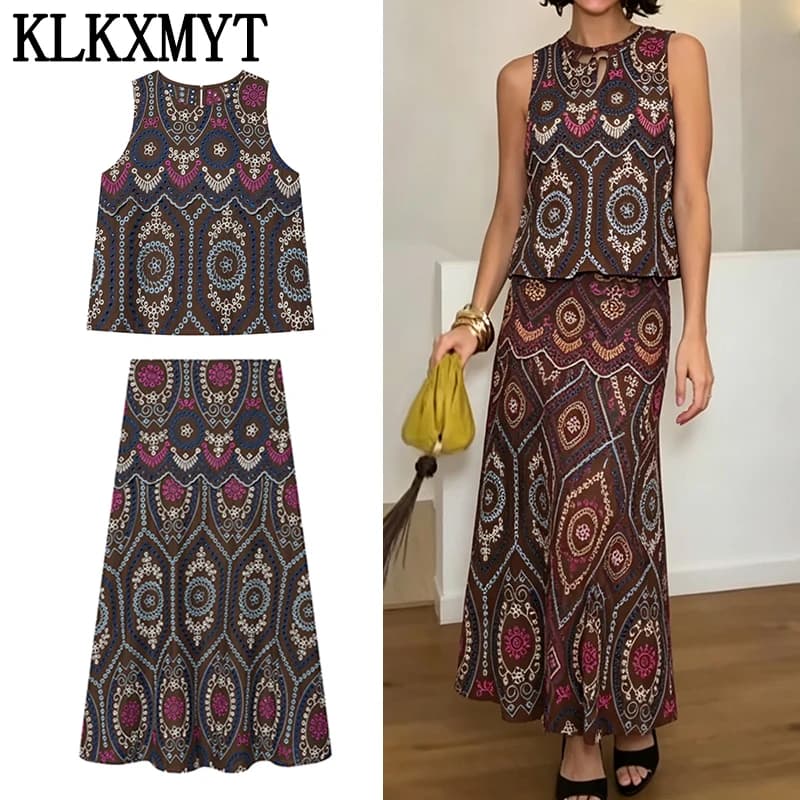 KLKXMYT Woman Spring Fashion Sleeveless Short Tops+Side Zipper Pleated Midi Skirt Casual Hollow Embroidery Two Piece Set