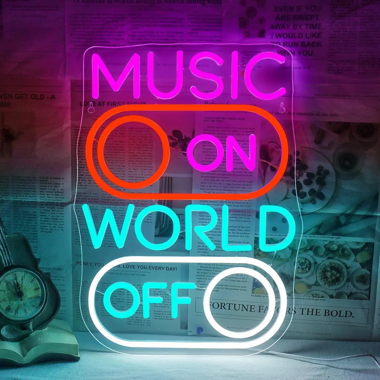 Insegna al Neon Retrò 'Music on World Off' LED USB Dimmerabile, Decorazione Vintage da Parete per Studio Musicale, Sala Ascolto, Bar, Idea Regalo