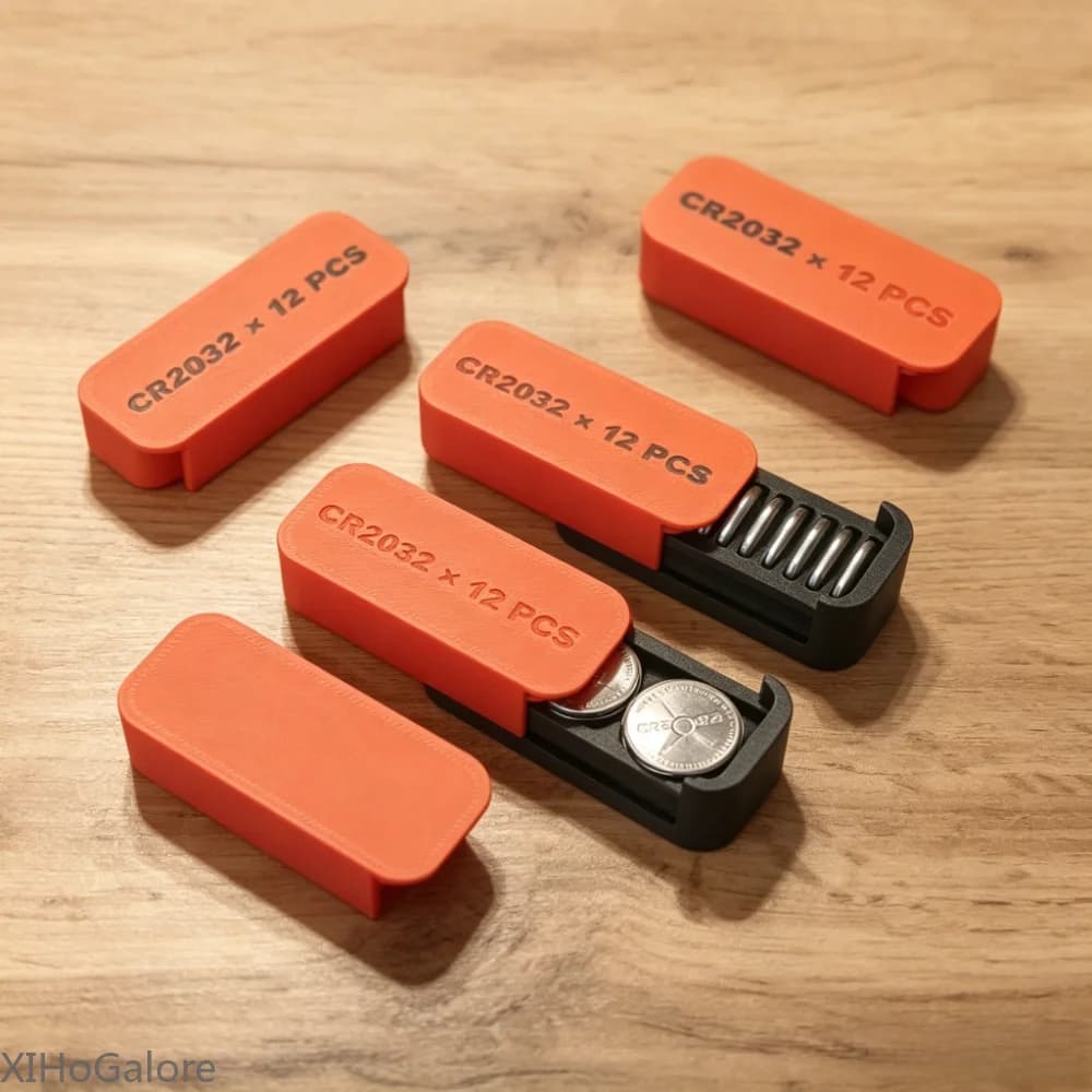 3D Printed XIHoGalore 12 Slots CR2032 Battery Storage Box Portable Stackable Secure Lid Coin Cell Organizer Home Workshop