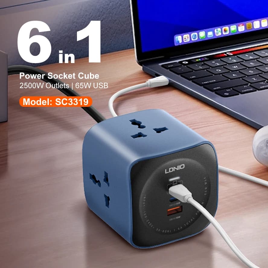 Multipresa cubo LDNIO 65W con protezione da sovratensione Prolunga 2M prese multiple Spine UE/Regno Unito/USA Porte USB C Ricarica rapida