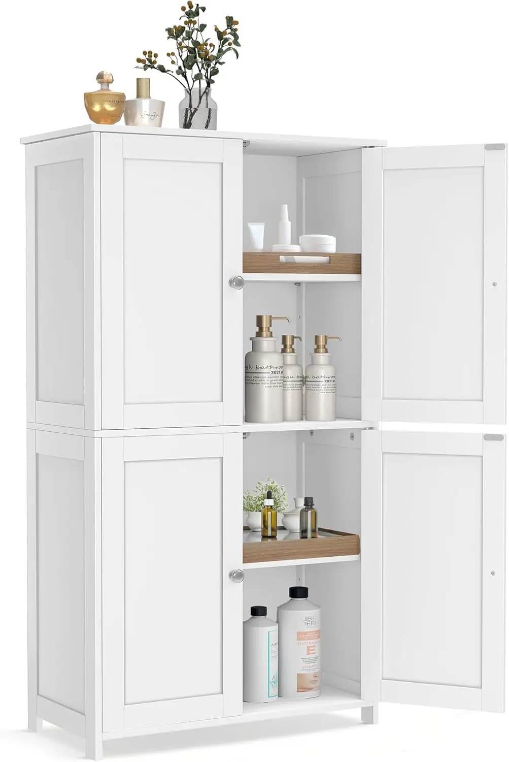 Floor Storage Cabinet, Shaker Cabinet with 2 Adjustable Shelves, 4 Doors, Tall Freestanding Organizer Unit, for Kitchen Bathroom