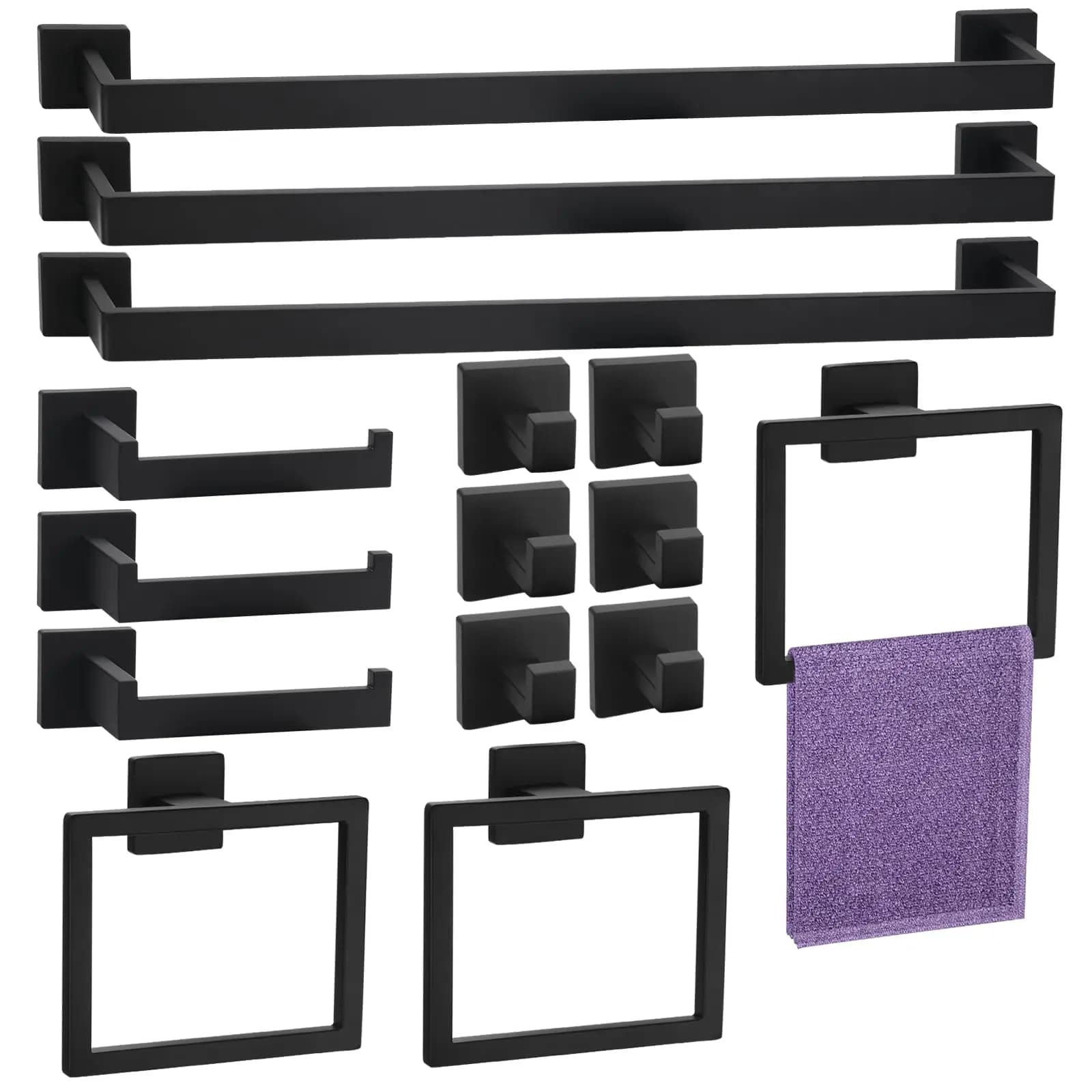 15-Piece Matte Black Stainless Steel Bathroom Accessories Set: Towel Bars, Rings, Hooks, And Toilet Paper Holders