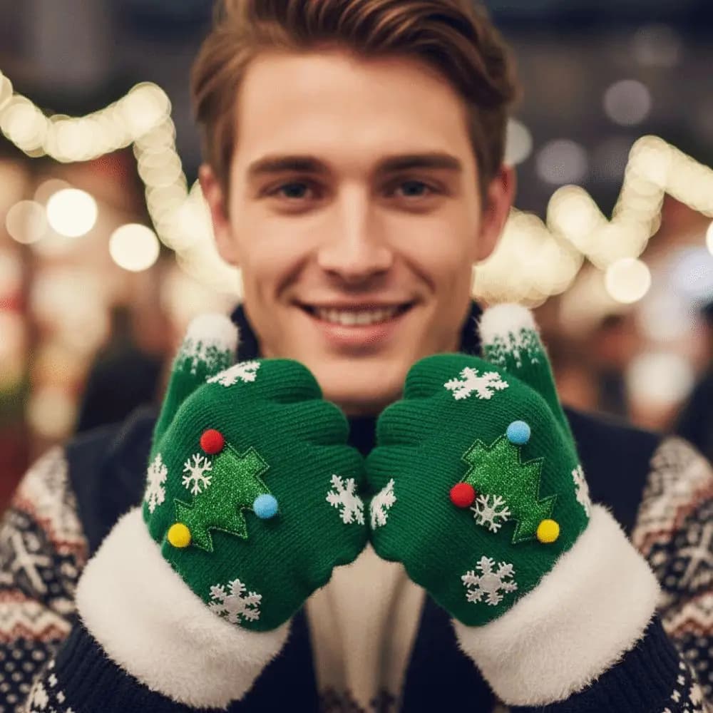 Red Green Christmas Gloves Knitted Woolen Elastic Wrist Winter Knit Mittens Double Colored Plush Cuff Full Finger Gloves