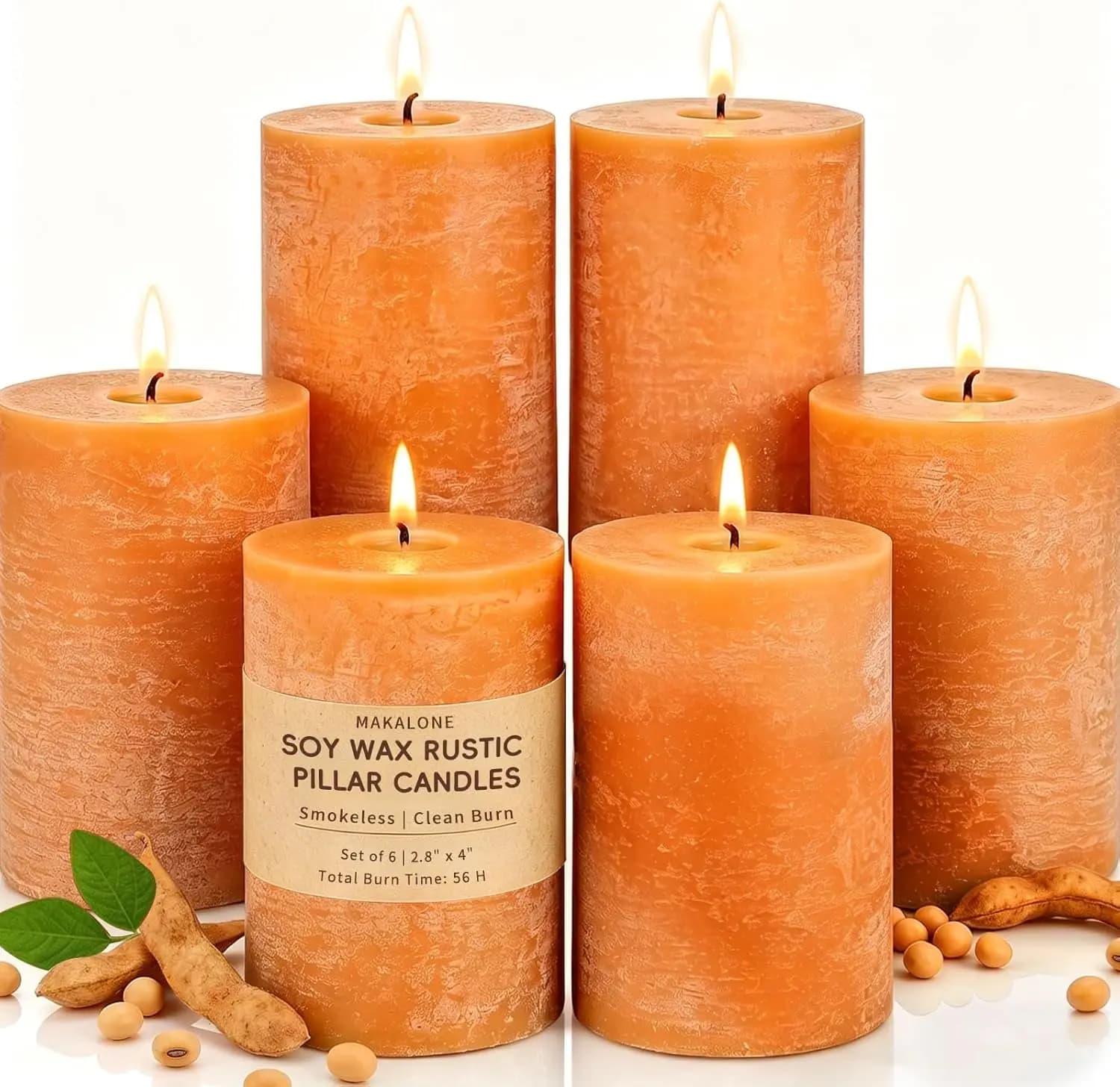 Candele a Colonna in Soia Rustiche, Confezione da 6, Durata 55 Ore, Senza Fumo e Inodore per Arredamento Casa