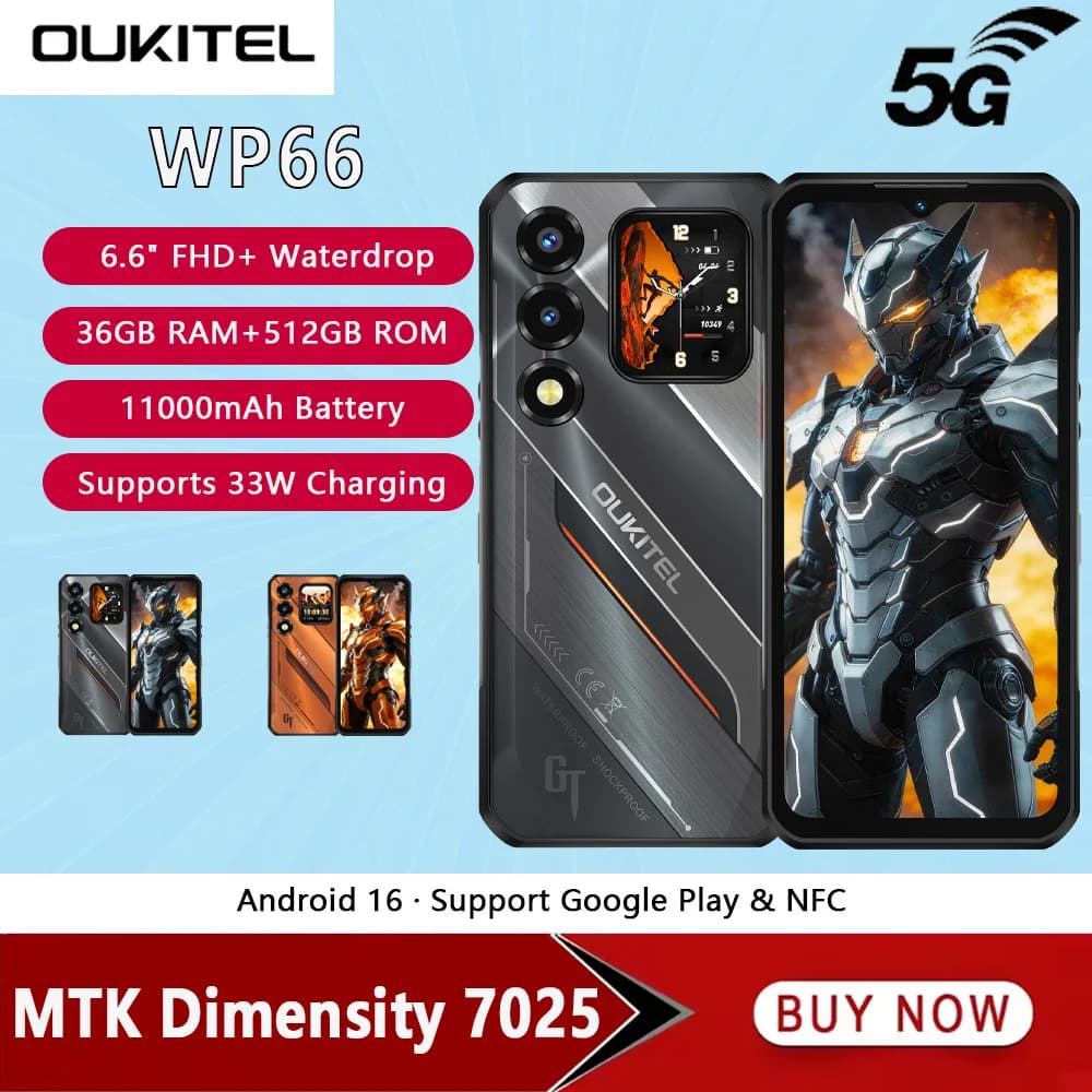 OUKITEL WP66 11000mAh Supporta 33W 5G Smartphone Robusto Dimensity 7025 36GB+512GB 6.6" FHD+ 1.81 " Doppio Schermo 120Hz 108MP NFC