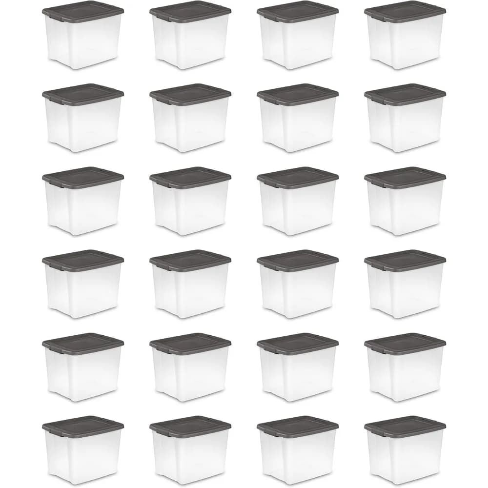 Pack of 24 containers transparent plastic holders with covers, 50 liters, grey - stackable containers for wardrobe, bathroom