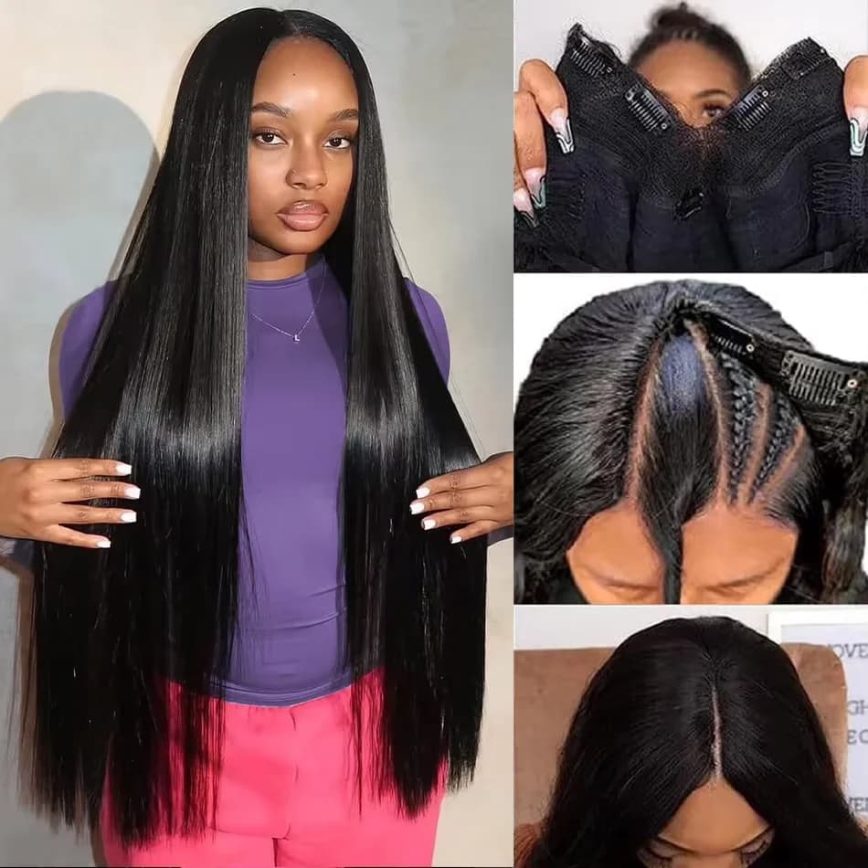 Wig with V part for smooth hair 250 density 30 36 inches Update Brazilian wigs without glue Clip for human hair head in half wig