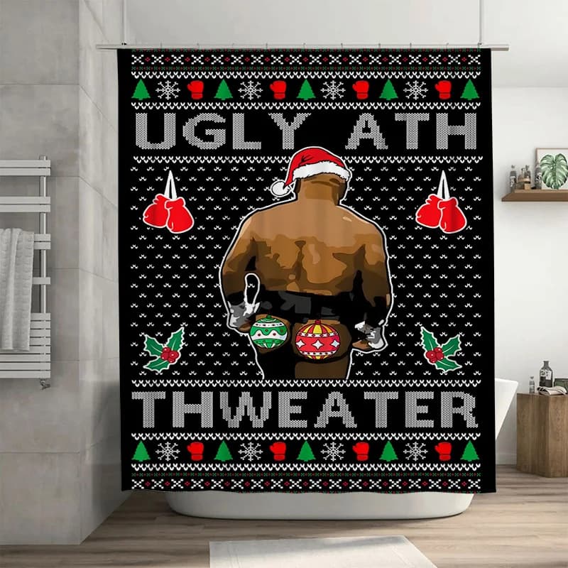 Brutto tenda da doccia con maglione natalizio, guanti con cappello da Babbo Natale a tema boxe, arredamento festivo per il bagno, per la festa di Natale