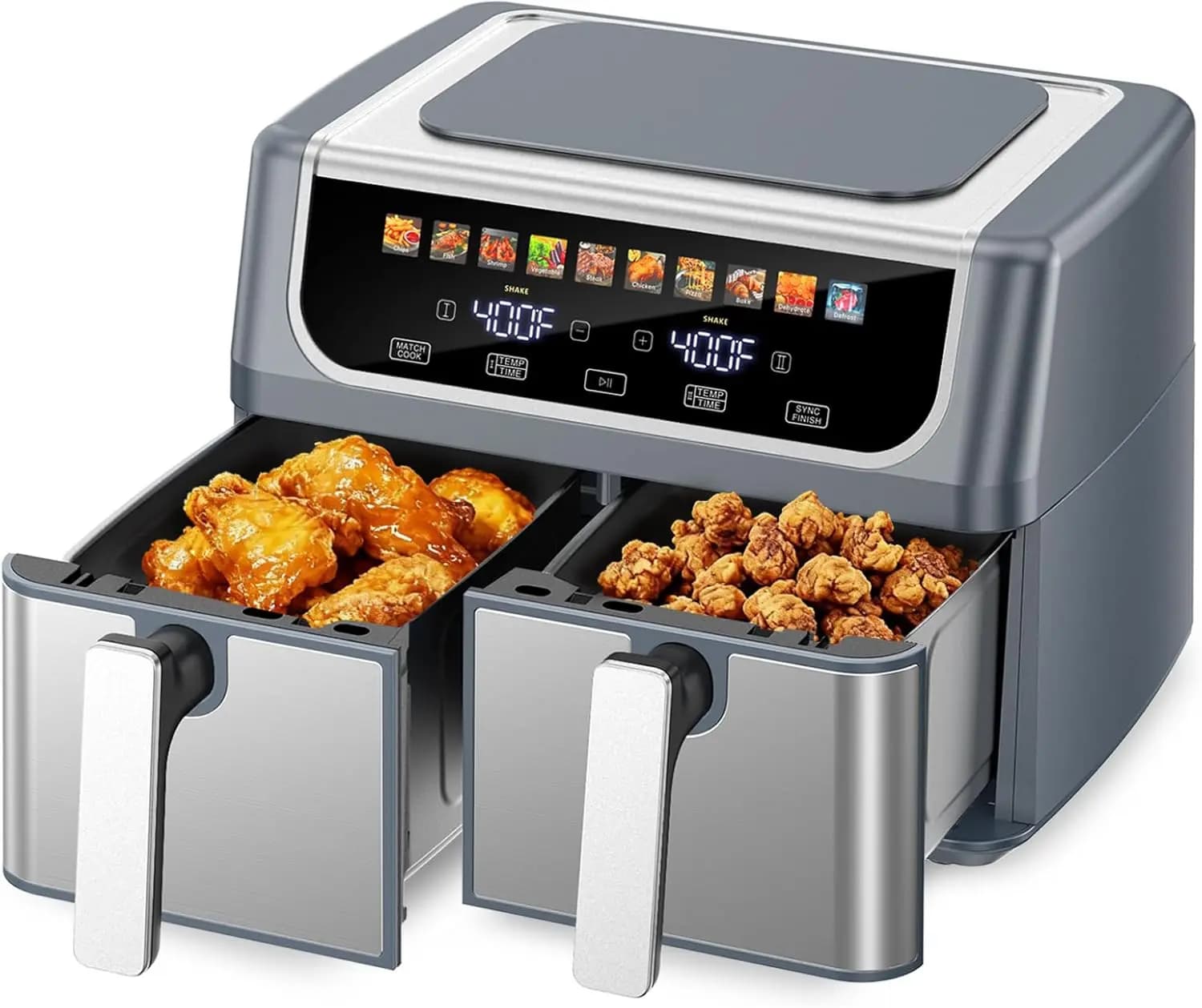 Air Fryer with Double basket, 9.5 Liters Large Air Fryer with Double basket, Grigia