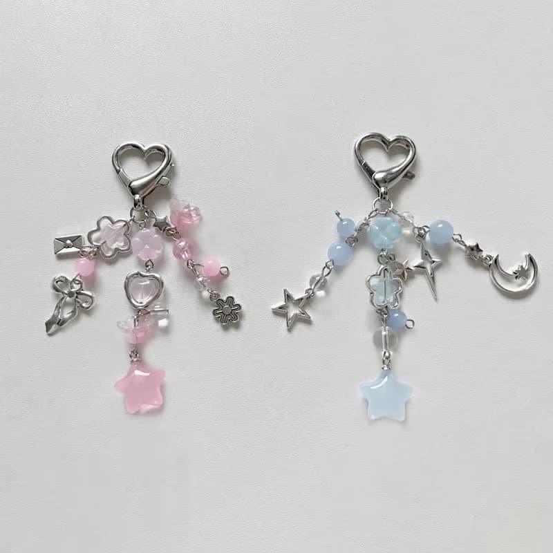Portachiavi Carino con Stella e Cuore Rosa e Blu, Catena con Perline, Ciondolo Estetico Y2K per Borsa, Accessorio Kawaii per Zaino, Regalo per Appassionati di Anime