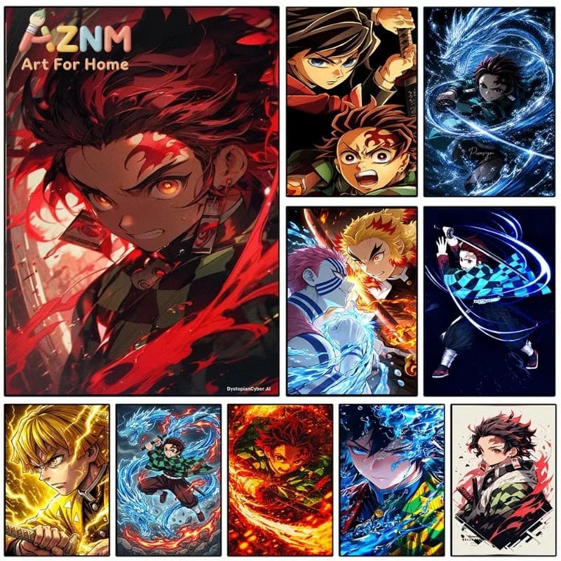 Demon Slayer Anime Canvas Wall Art Tanjiro Giyuu Zenitsu Akaza Poster Unframed Canvas Painting Home Wall Decor Artwork for Room