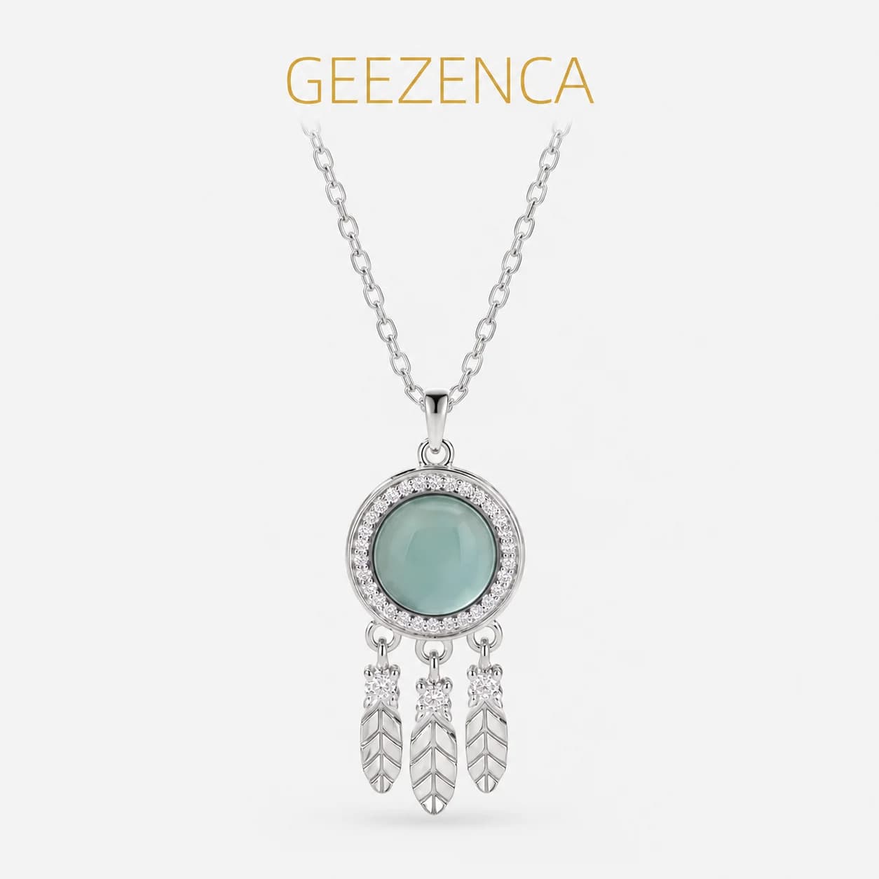 GEEZENCA Blue Jadeite Real 925 Silver Dreamcatcher Feather Charm Pendant Necklace Dainty Trendy Necklaces For Women Party Gift