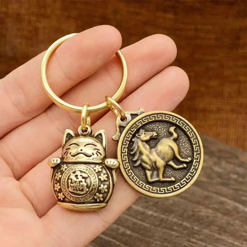 di ̃ Keychain with Zodiacal Horse Shape Pendant and Five Emperor Coins, Chinese lucky charm Feng Shui for Drawing Richness and Fortune