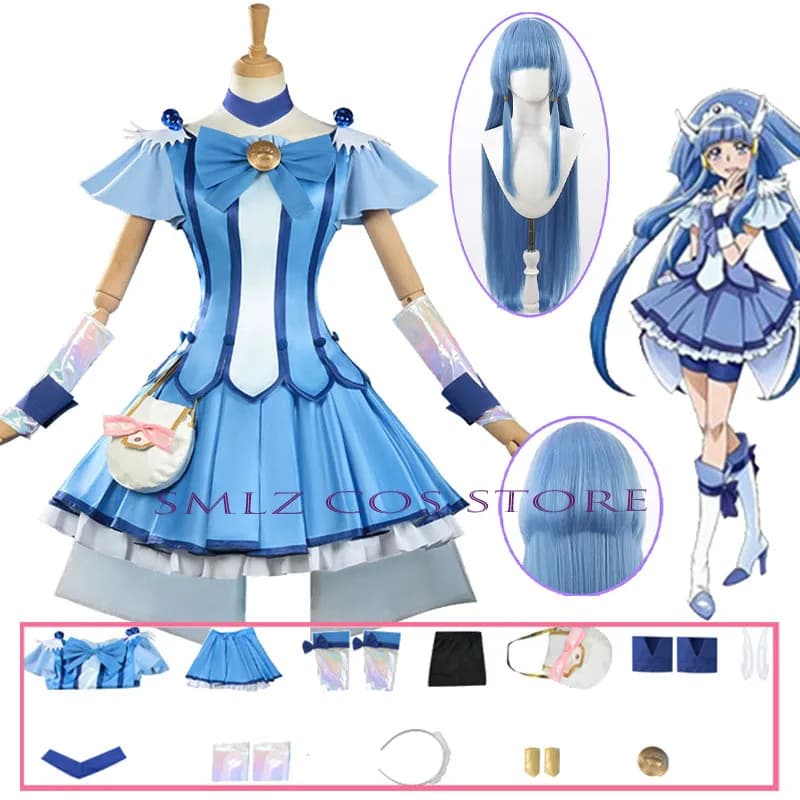 Costume Cosplay Anime Smile Glitter Breeze Cure Dress and Wig, Halloween Party Set for Women and Girls