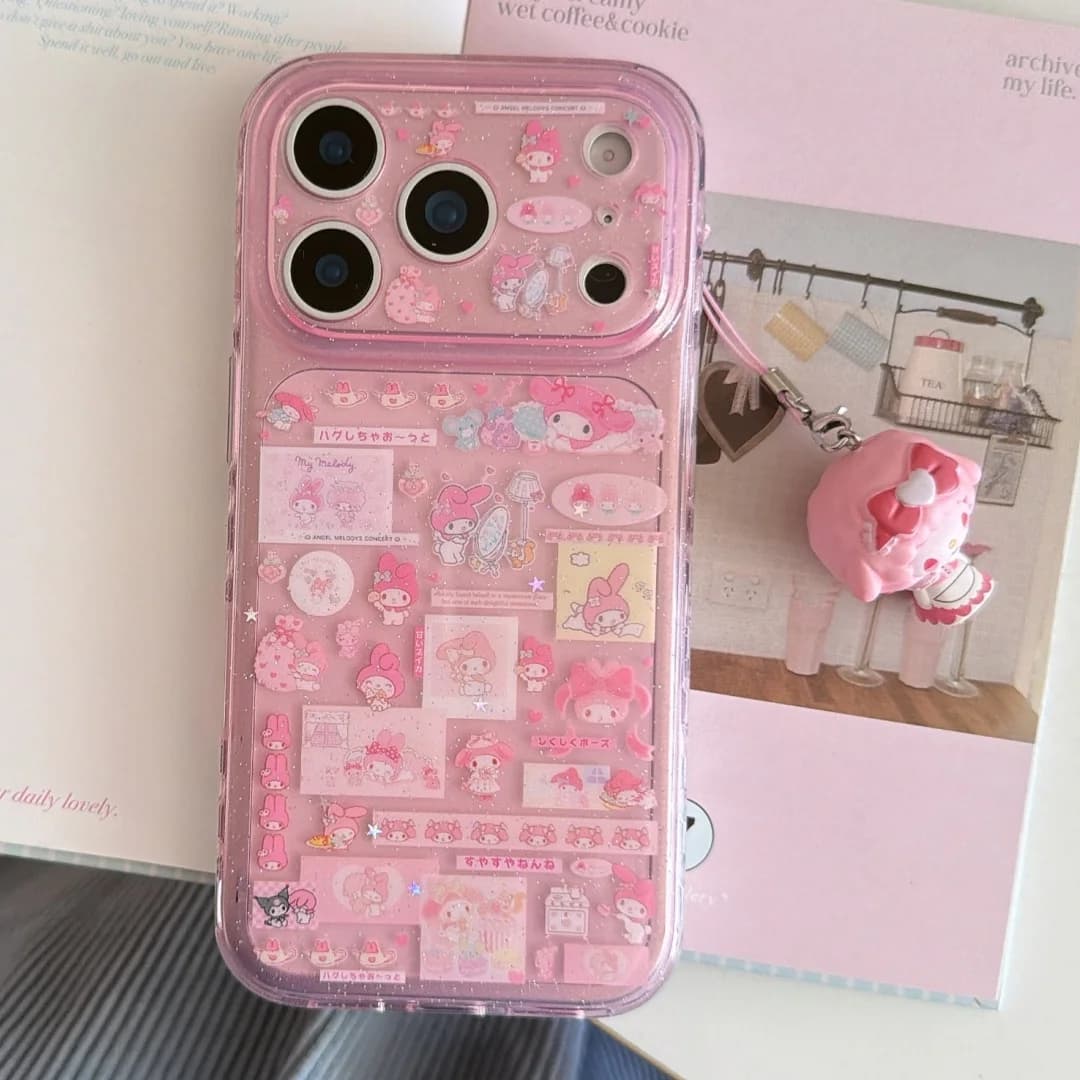 Custodia Protettiva per Lenti a Doppio Strato con Design a Collage e Melodia, per iPhone 17 16 15 14 Pro Max, Cover Posteriore Antiurto in TPU con Glitter