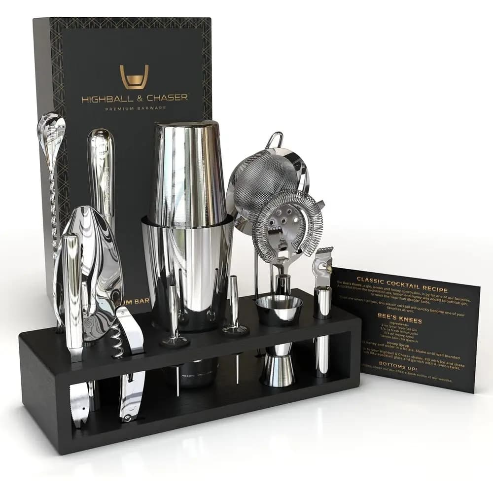 Set da Cocktail in Acciaio Inox 13 Pezzi con Supporto | Kit da Barman per Mixology e Bar Domestico | Utensili Incisi | Include 30 Re