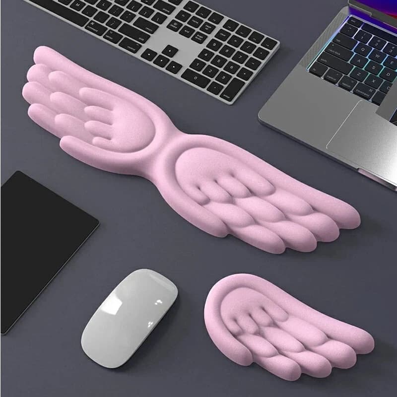 Simpatico poggiapolsi per tastiera a forma di ali d'angelo, poggiapolsi per mouse, antiscivolo, in silicone, memory foam, pelle PU, grande, per ragazze, donne, ufficio, PC.