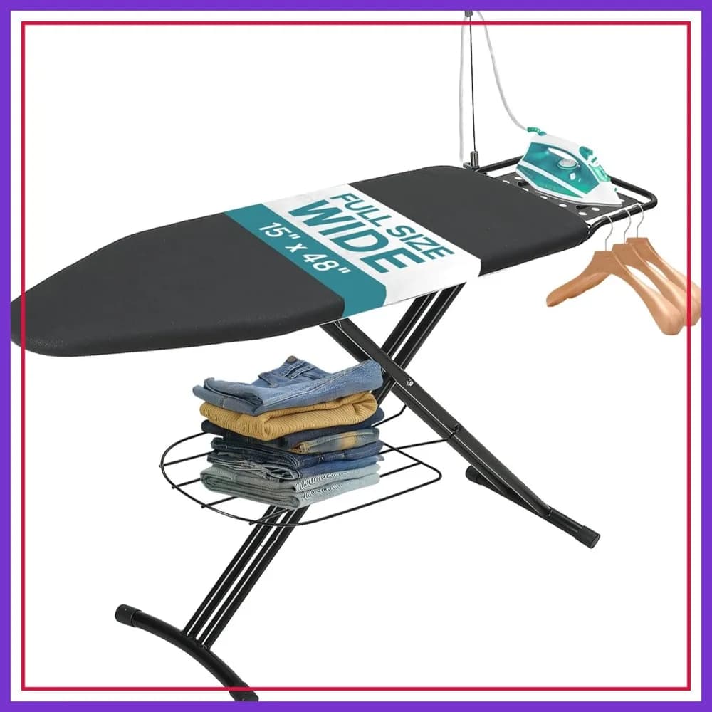 Asse da stiro resistente 48x15 pollici con imbottitura e copertura, supporto per ferro da stiro regolabile in altezza con vassoio portaoggetti e poggiacoltello, nero