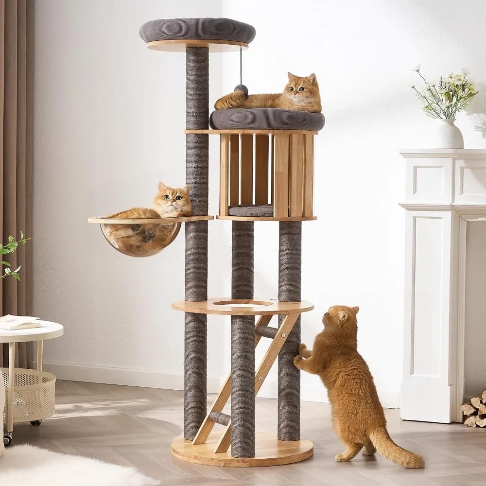 Multi-Level Solid Wood Cat Tree Tower with Scratching Post and Cozy Nests