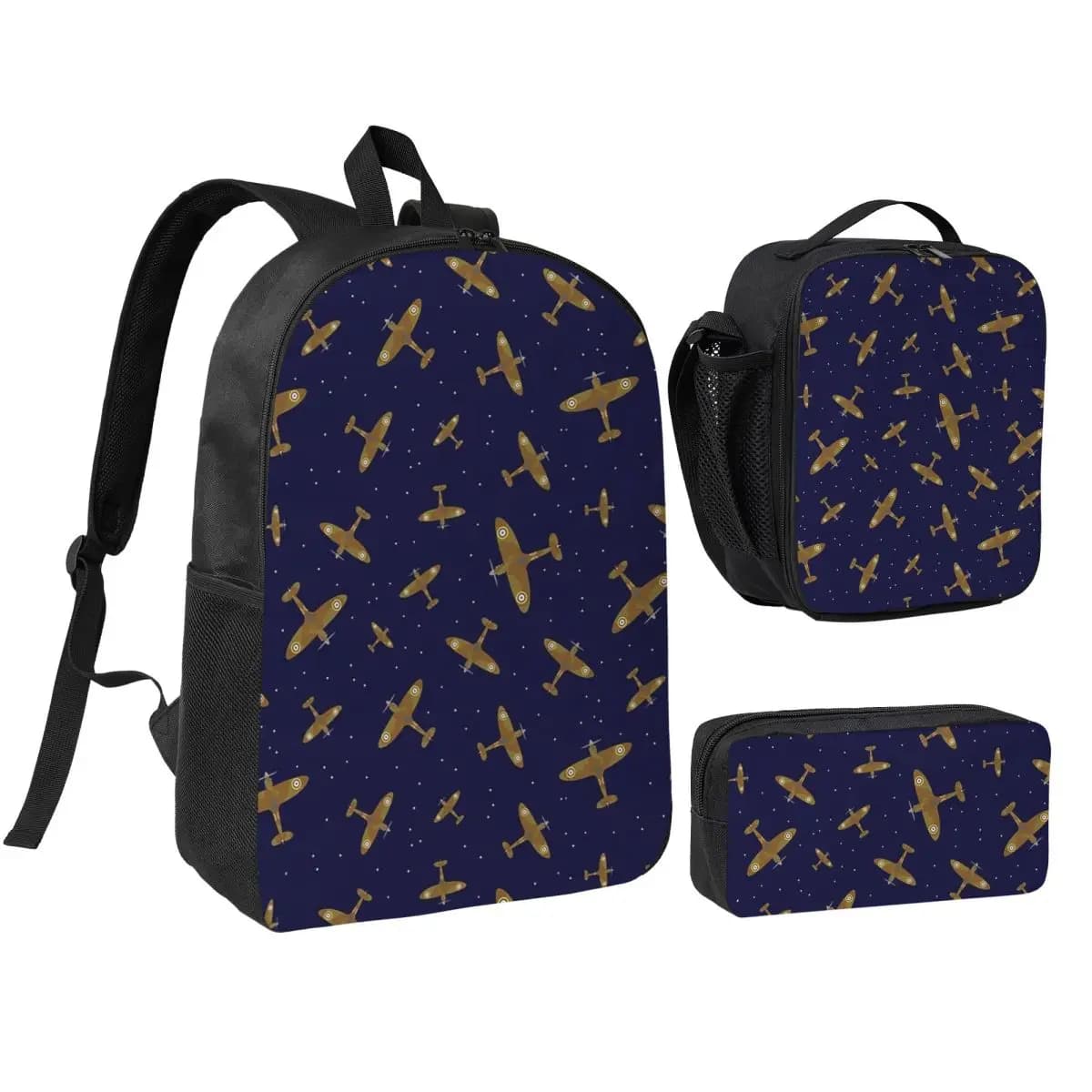 Aerei da guerra Spitfire in volo su zaino blu navy, borsa per libri, borsa da scuola, borse a tracolla, 3 pezzi, borsa termica per il pranzo, astuccio per matite