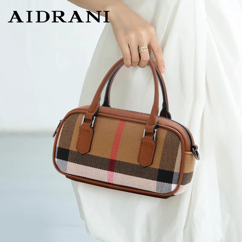 Aidrani New women's mini handbag, plaid design, canvas and cowhide materials, brown
