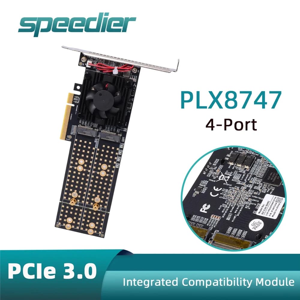 PCIe 3.0 X8 4-Port M.2 NVMe Expansion Card PLX8747 No Bifurcation Silent Fan with Bracket NVMe SSD Adapter PC Server NAS Storage