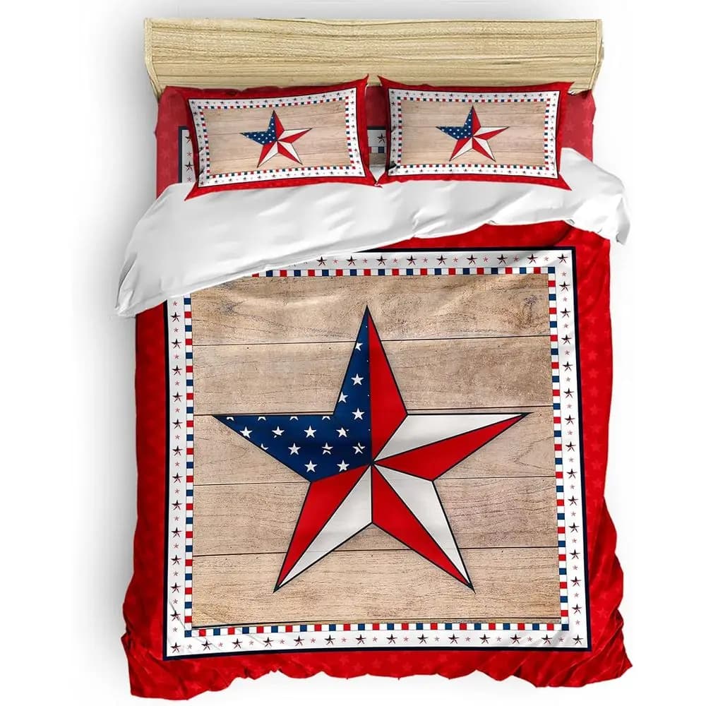 Set di Biancheria da Letto per il 4 Luglio, 4 Pezzi, Copripiumino California King Size, Rosso e Blu Patriottico, Lenzuola e Copripiumino