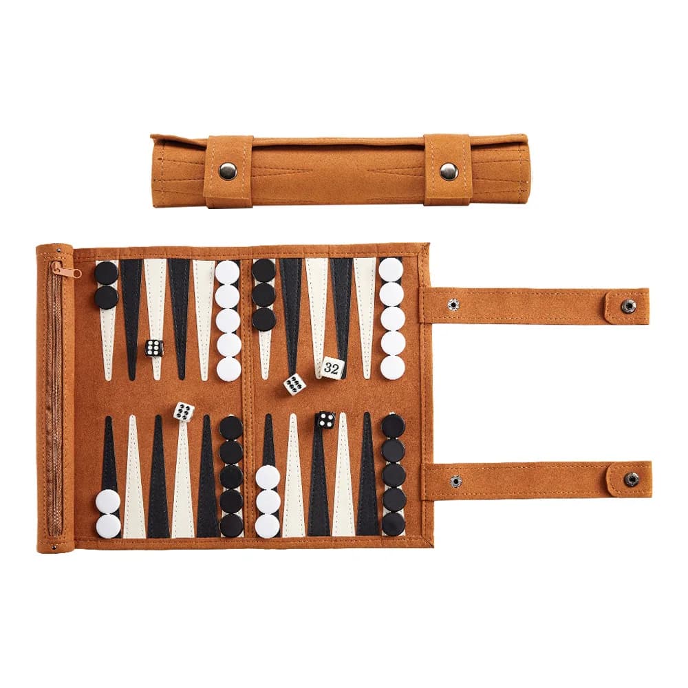 Foldable Microfiber Backgammon Set Roll-up Portable Chess Board with Complete Pieces Travel Outdoor Leisure Chess Kit