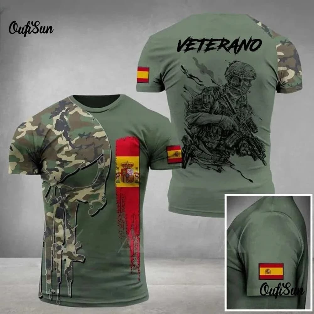 T-shirt da uomo a maniche corte stile militare con teschio mimetico, stampa VETERANO Warrior e decorazione bandiera spagnola per abbigliamento casual