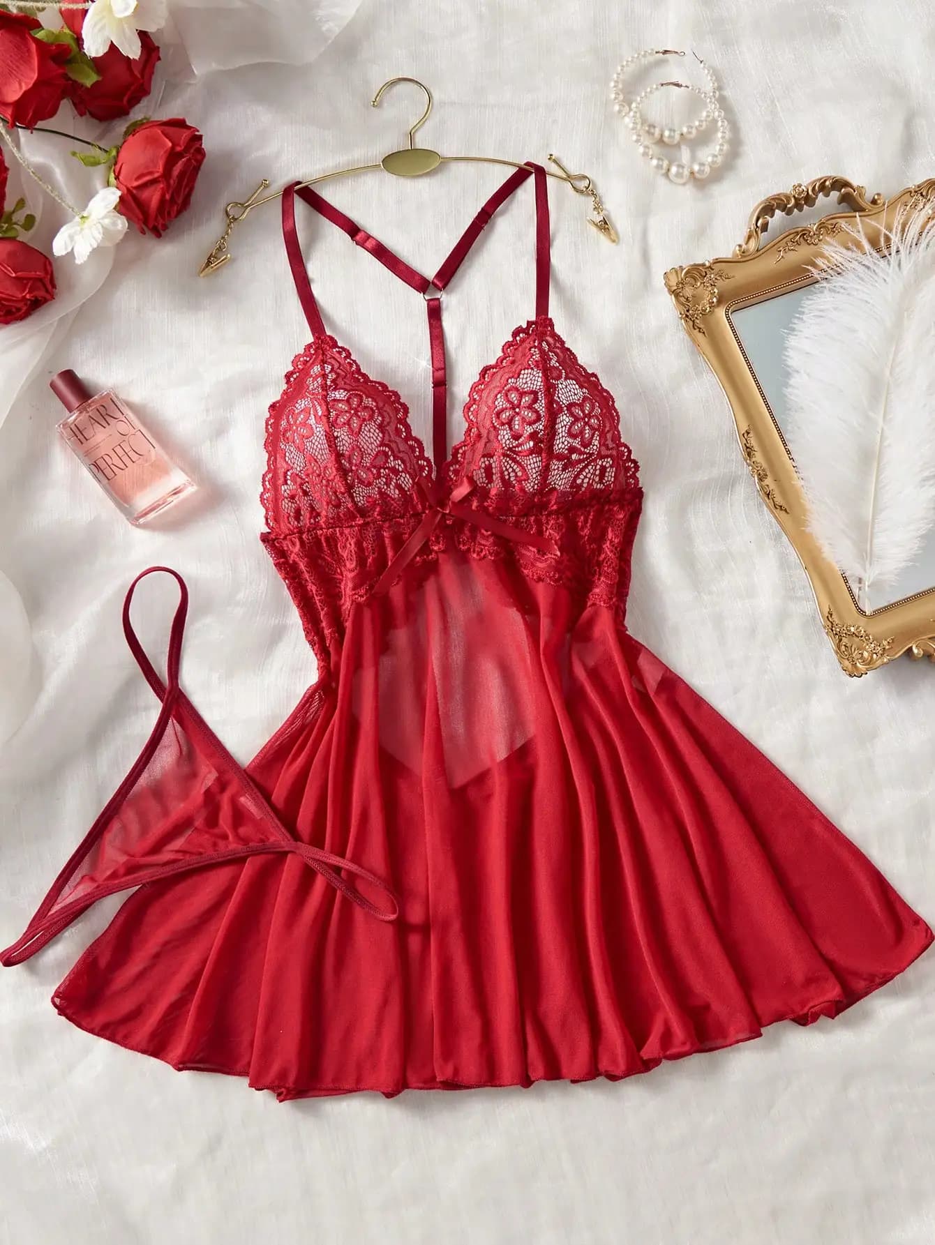 Red lace night shirt with transparent skirt and matching set with thong