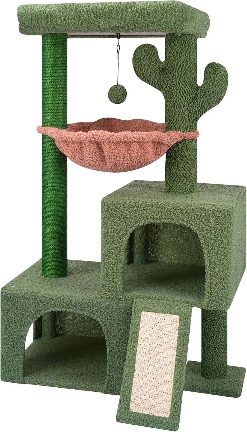 Torre per Gatti a Forma di Cactus da 95 cm con Doppia Cuccetta, Tiragraffi, Amaca e Palline Giocattolo per Gatti da Interno