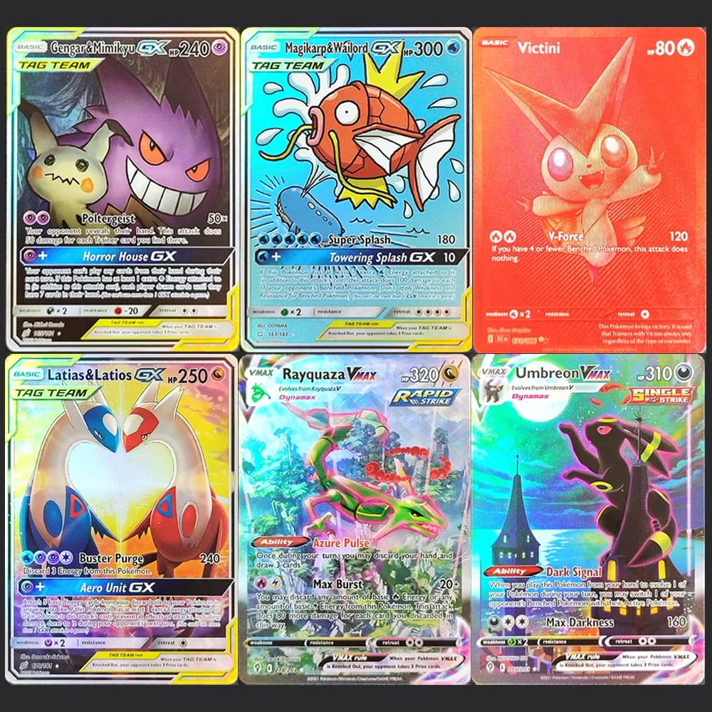 FAI DA TE PTCG Inglese Gengar Minikyu Charizard Pikachu Lucario Reshiram Victini Umbreon Mewtwo Latia Collezione di Hobby Flash Card Giocattolo