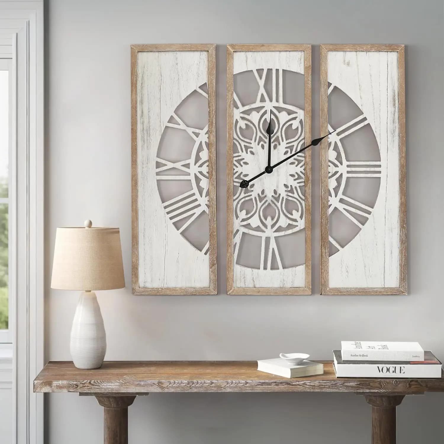Orologio da Parete Stile Fattoria Oversize 30 Pollici per Arredamento Soggiorno, Silenzioso a Batteria, Grande Orologio Artistico in Legno a Tre Pannelli