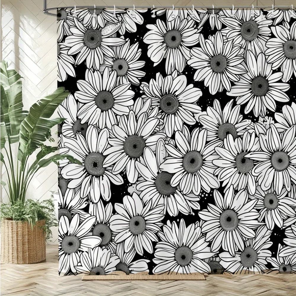 Tenda da doccia monocromatica a margherita impermeabile e resistente al muffa: design floreale classico per un'esperienza di arredamento elegante per il bagno