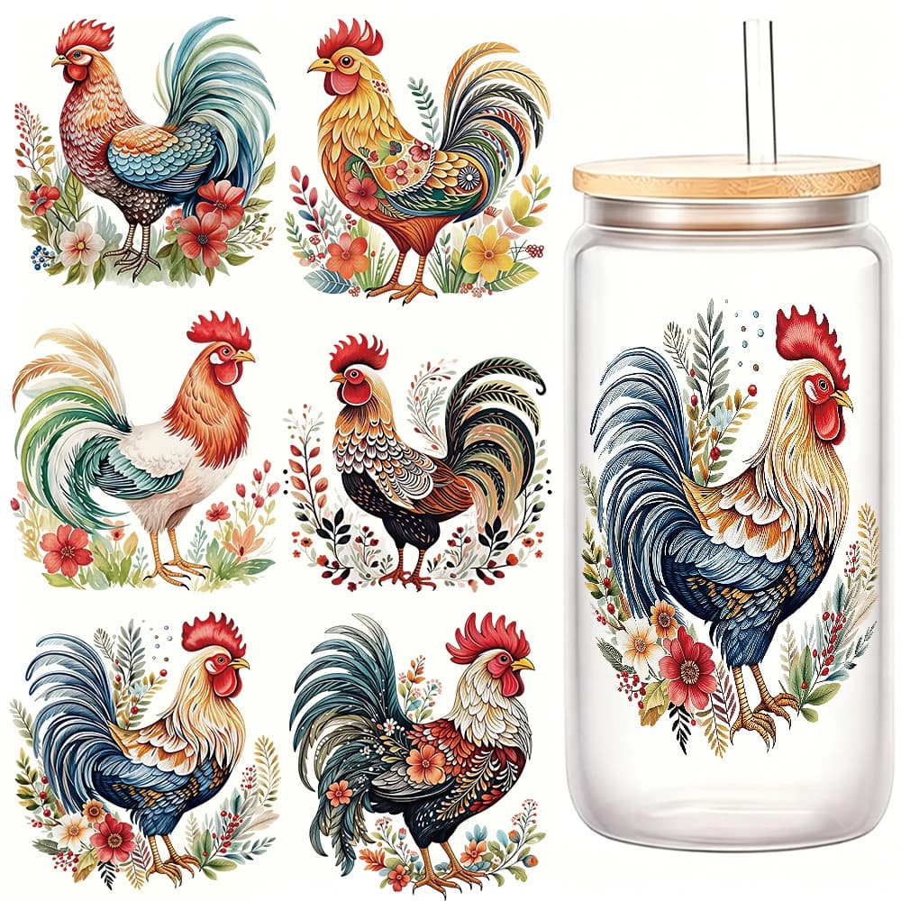 8pcs Watercolor Red Crown Rooster UV DTF Transfer Sticker Lucky Colorful Rooster Glass Vase Self Adhesive Cup Washable Stickers